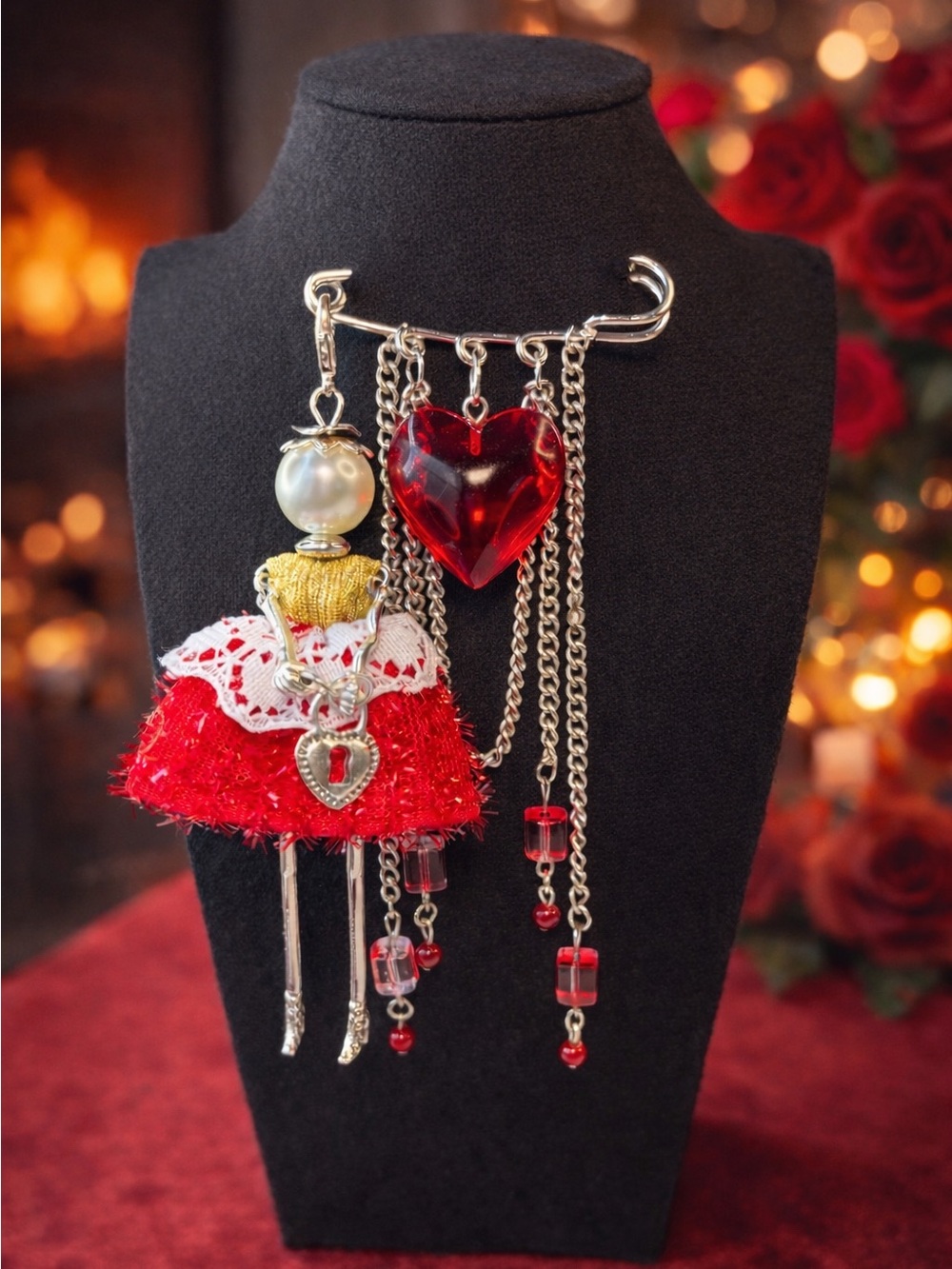 Handmade Romantic Doll Brooch with Red Heart & Silver Chains